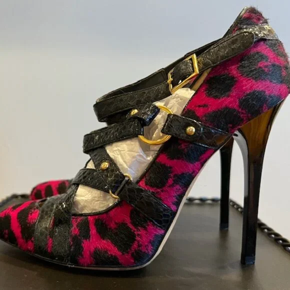 Jimmy Choo SZ 6 Fuchsia & Black Calf Hair Cheetah Print Heels - Picture 1 of 9